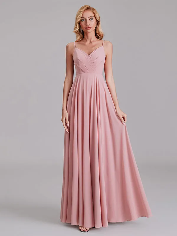 A-Line V-Neck Spaghetti Straps Chiffon Floor-Length Bridesmaid Dress