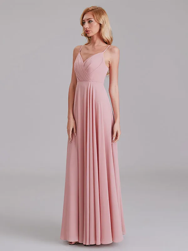 A-Line V-Neck Spaghetti Straps Chiffon Floor-Length Bridesmaid Dress