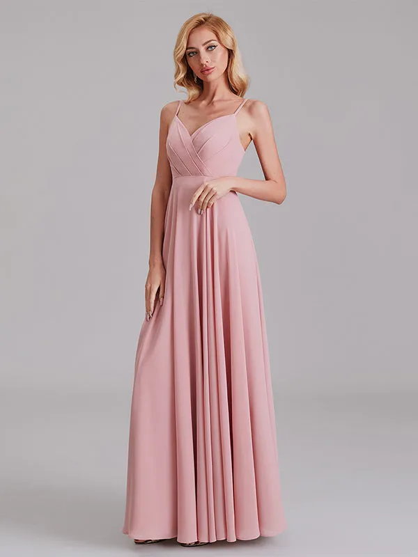 A-Line V-Neck Spaghetti Straps Chiffon Floor-Length Bridesmaid Dress