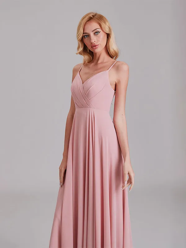 A-Line V-Neck Spaghetti Straps Chiffon Floor-Length Bridesmaid Dress