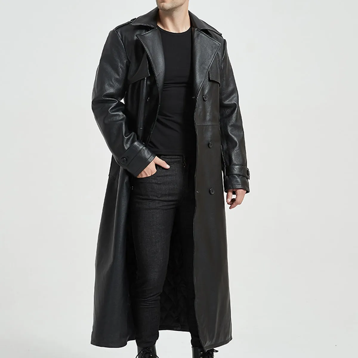 Black Genuine Sheepskin Lapel Collar Slim Fit Matrix Quilted Long Leather Trench Coat