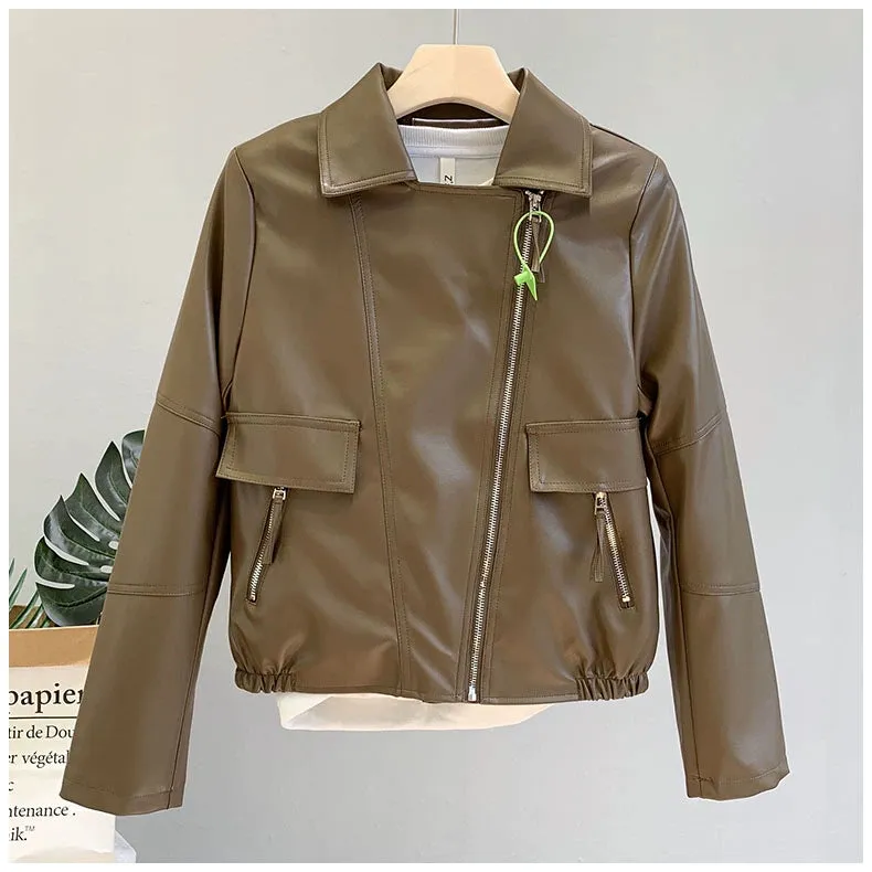 Coat for Women Brown All-Matching Motorcycle Clothing Casual Small Leather Coat