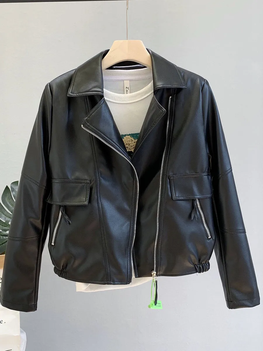 Coat for Women Brown All-Matching Motorcycle Clothing Casual Small Leather Coat