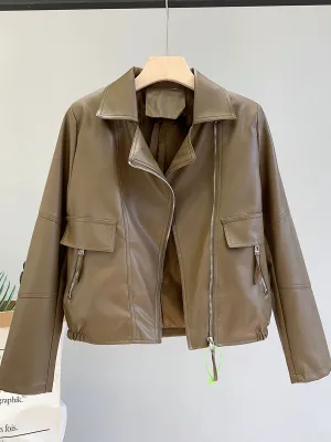 Coat for Women Brown All-Matching Motorcycle Clothing Casual Small Leather Coat