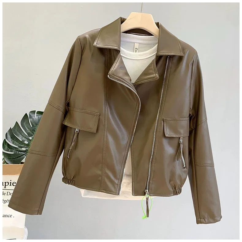 Coat for Women Brown All-Matching Motorcycle Clothing Casual Small Leather Coat