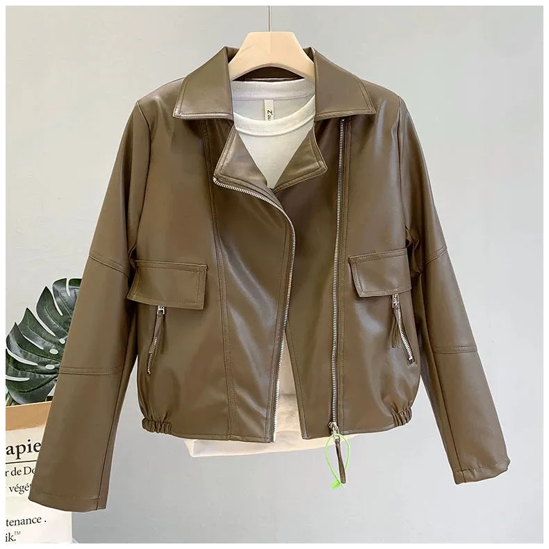 Coat for Women Brown All-Matching Motorcycle Clothing Casual Small Leather Coat