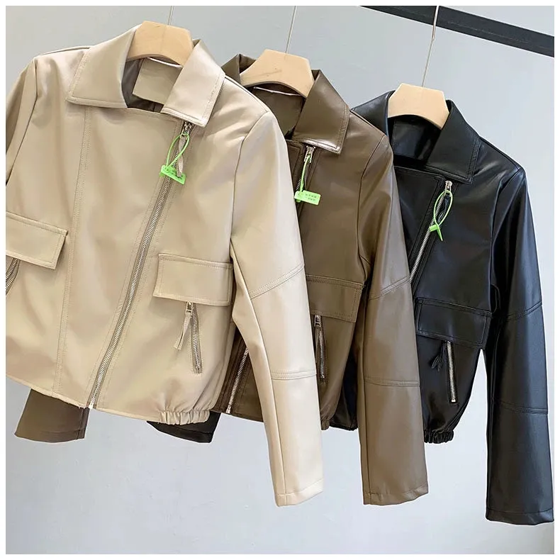 Coat for Women Brown All-Matching Motorcycle Clothing Casual Small Leather Coat