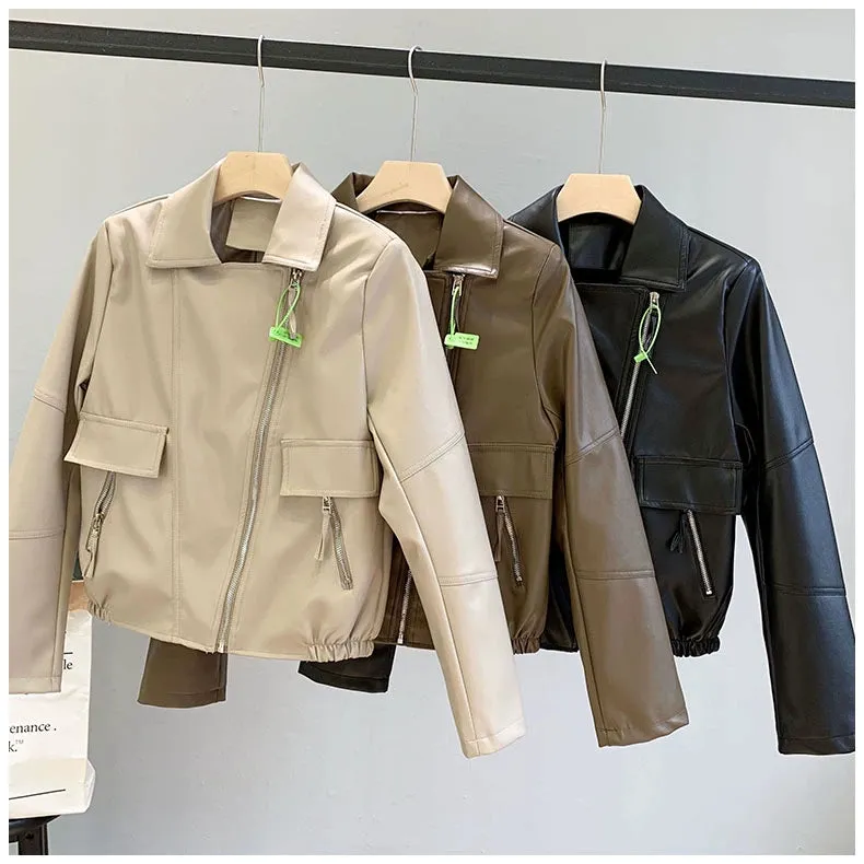 Coat for Women Brown All-Matching Motorcycle Clothing Casual Small Leather Coat