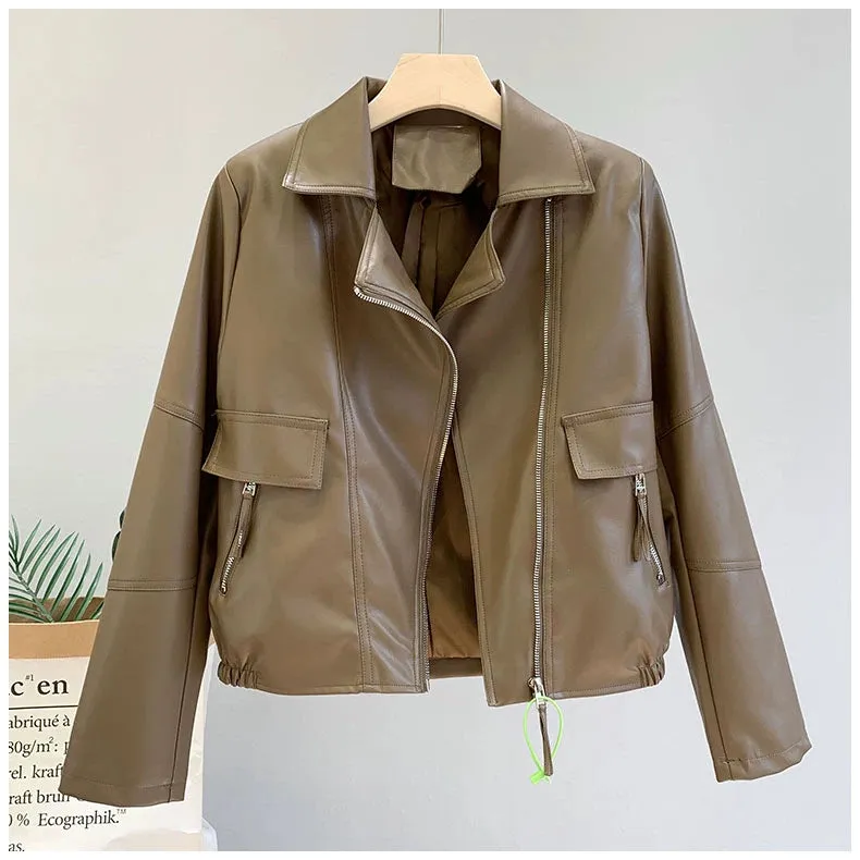 Coat for Women Brown All-Matching Motorcycle Clothing Casual Small Leather Coat