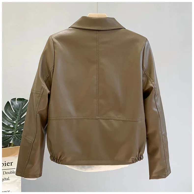 Coat for Women Brown All-Matching Motorcycle Clothing Casual Small Leather Coat