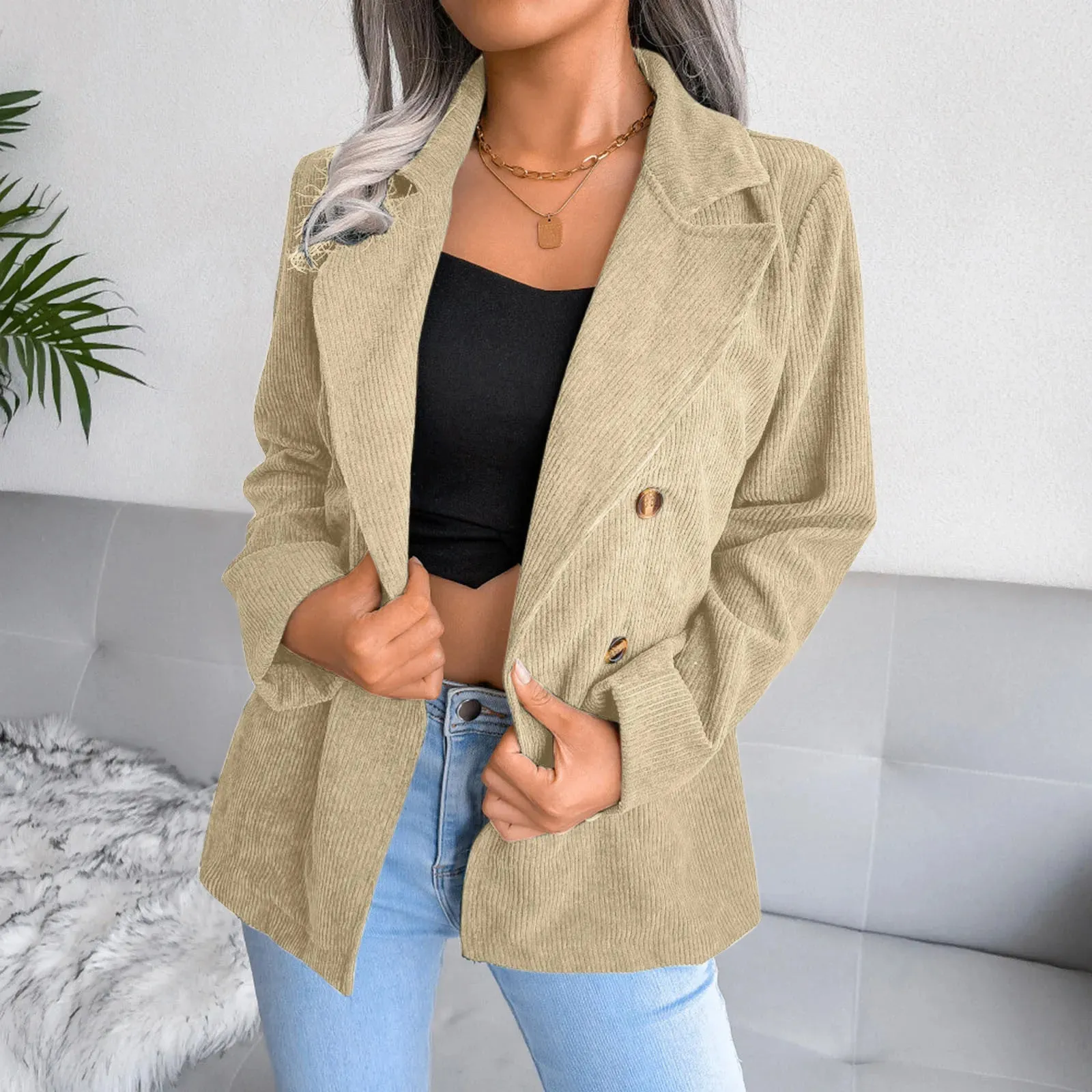 Corduroy Plus Size Double Breasted Long Sleeve Blazer