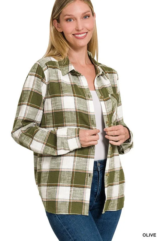 Cotton Plaid Shacket With Front Pocket