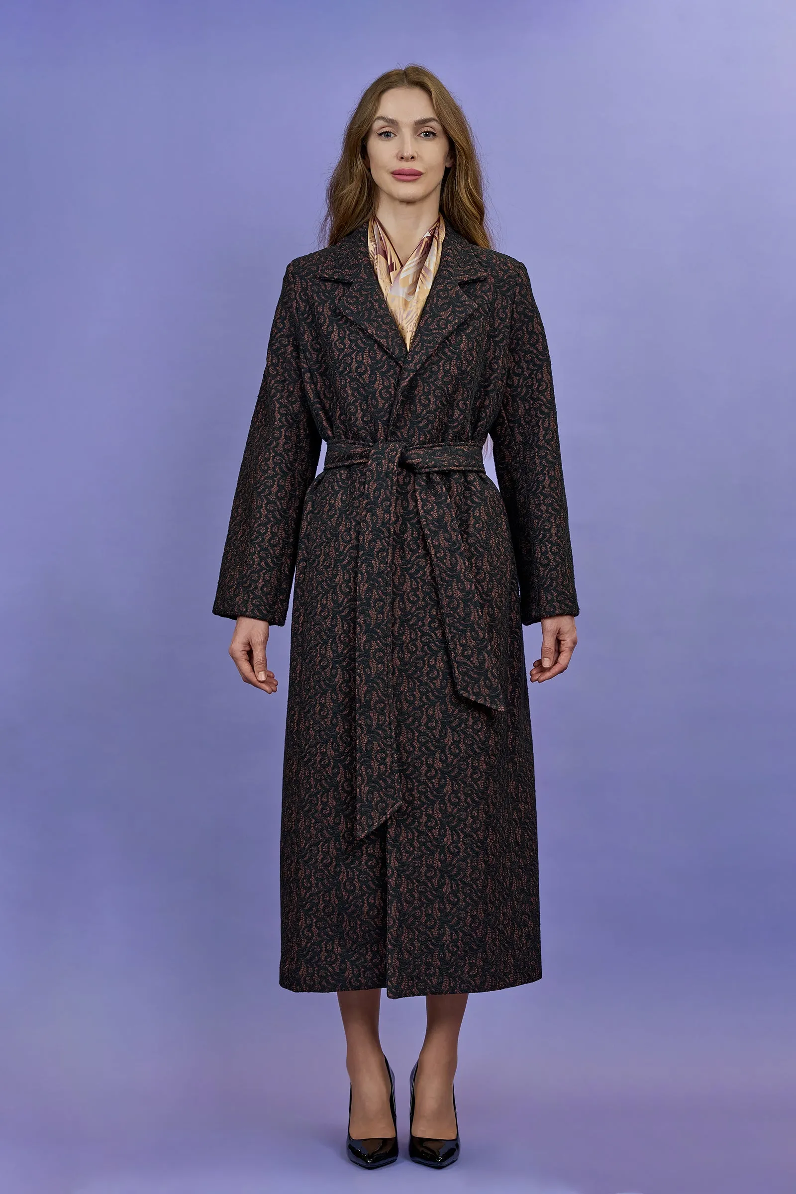 COUTURE VENICE LACE Black Mauve Belted Long Coat