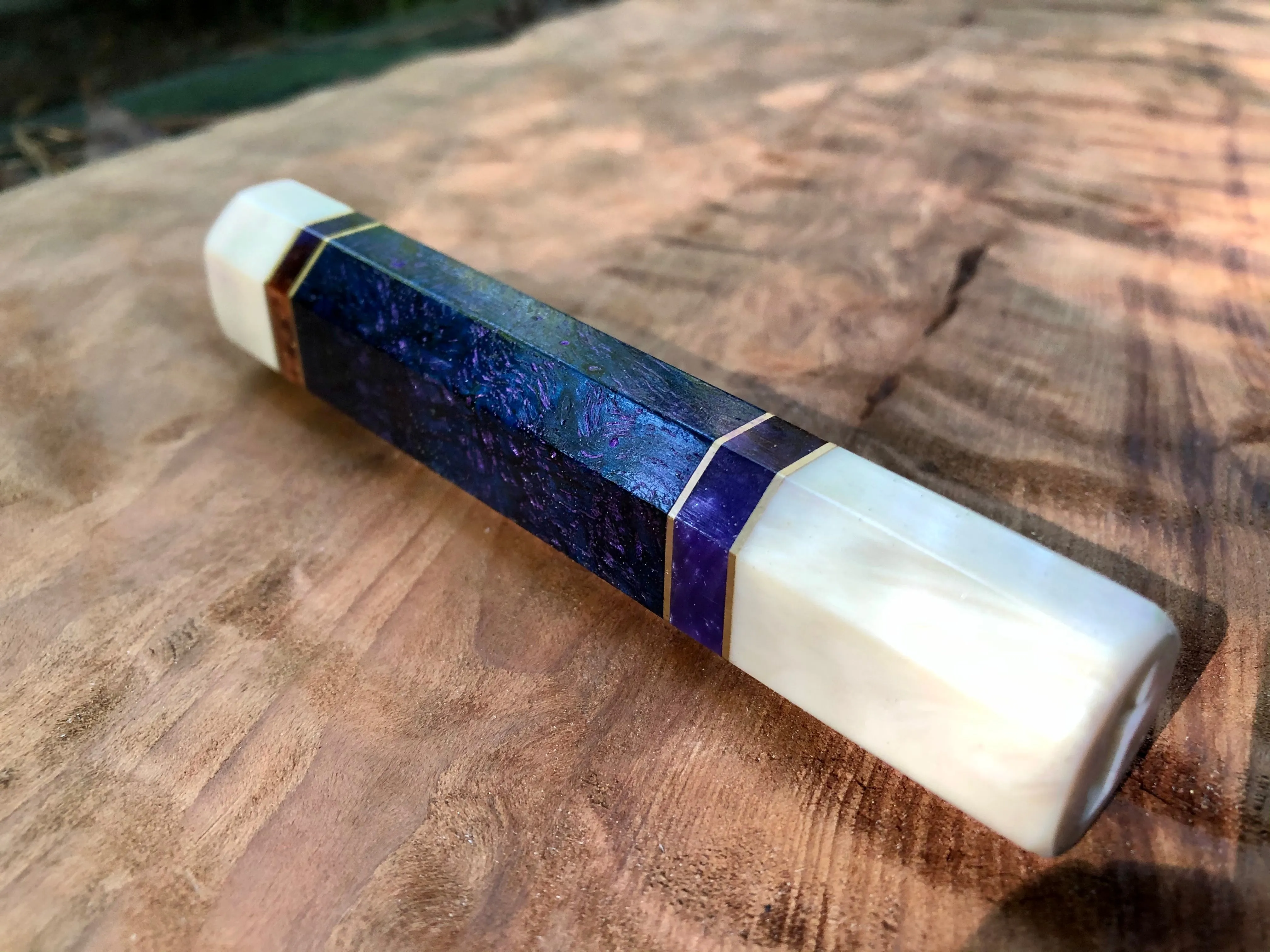 Custom Japanese Knife Handle (Wa Handle) - Inlay Dyed Mango Burl and Faux Ivory