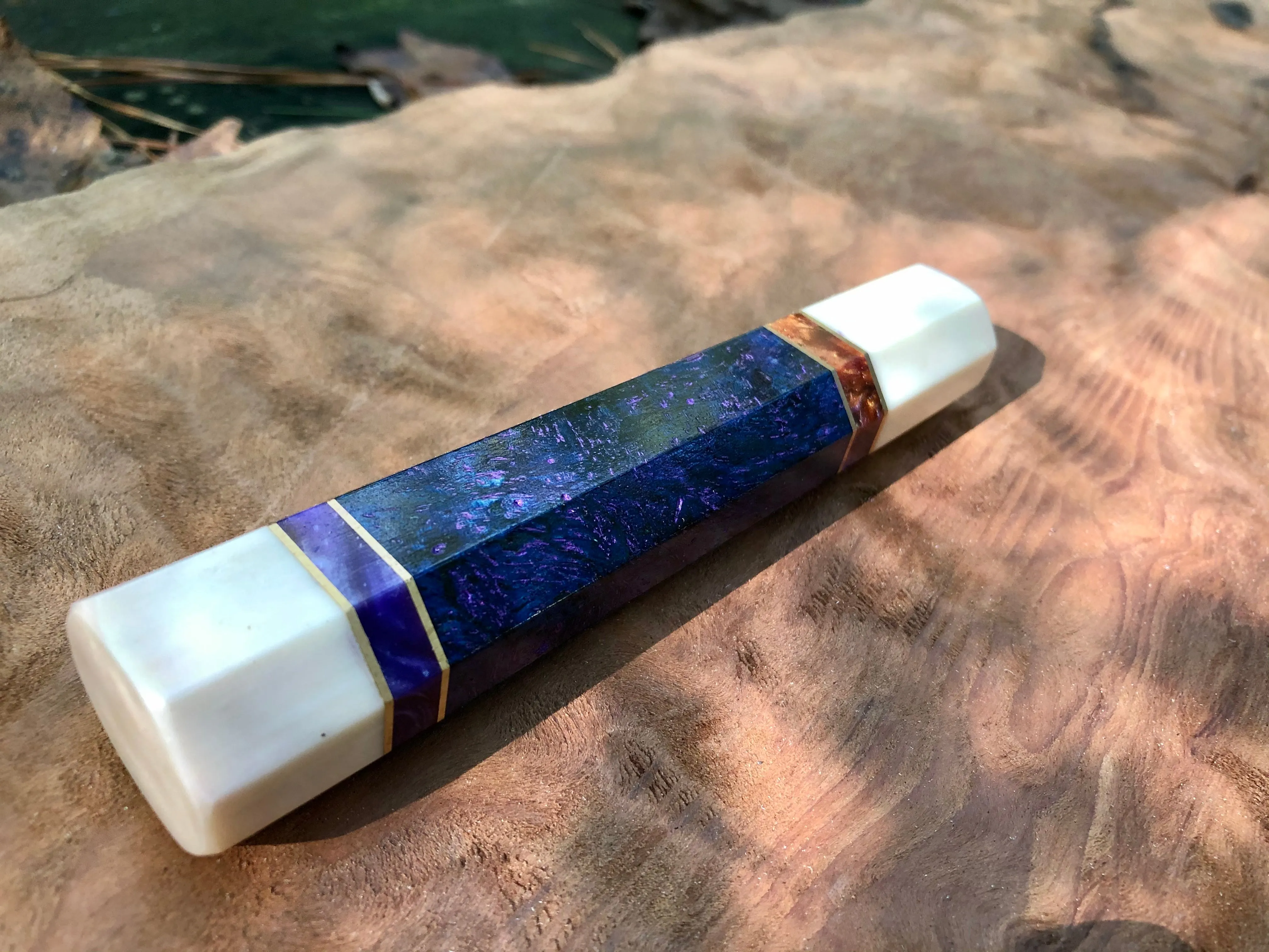 Custom Japanese Knife Handle (Wa Handle) - Inlay Dyed Mango Burl and Faux Ivory