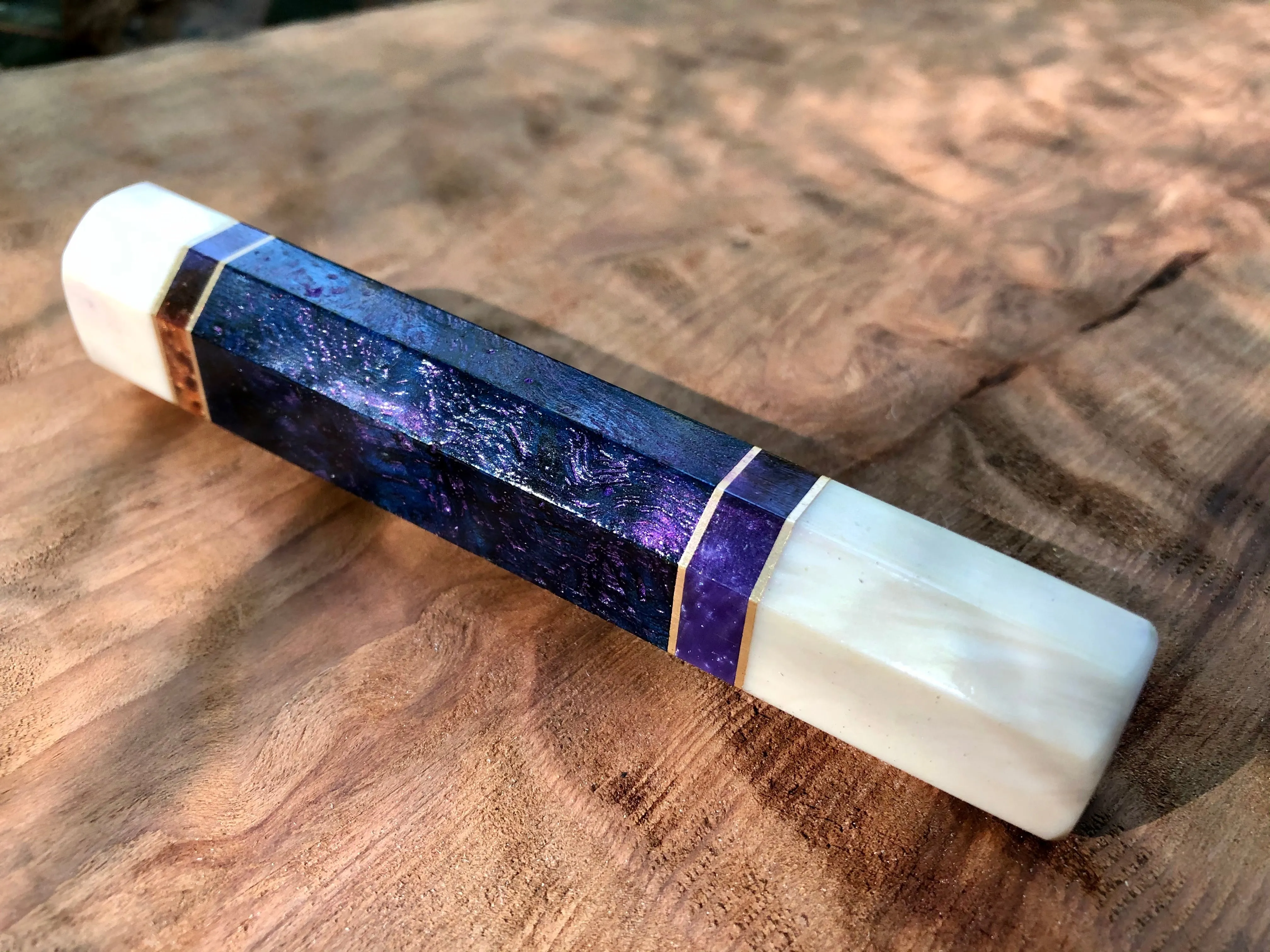 Custom Japanese Knife Handle (Wa Handle) - Inlay Dyed Mango Burl and Faux Ivory