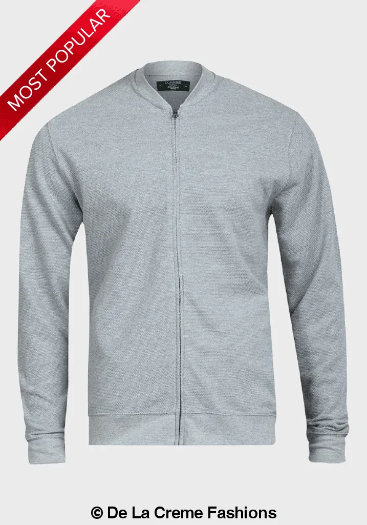 De La Creme MAN - Pique Grey Long Sleeve Zip-up Bomber Jacket