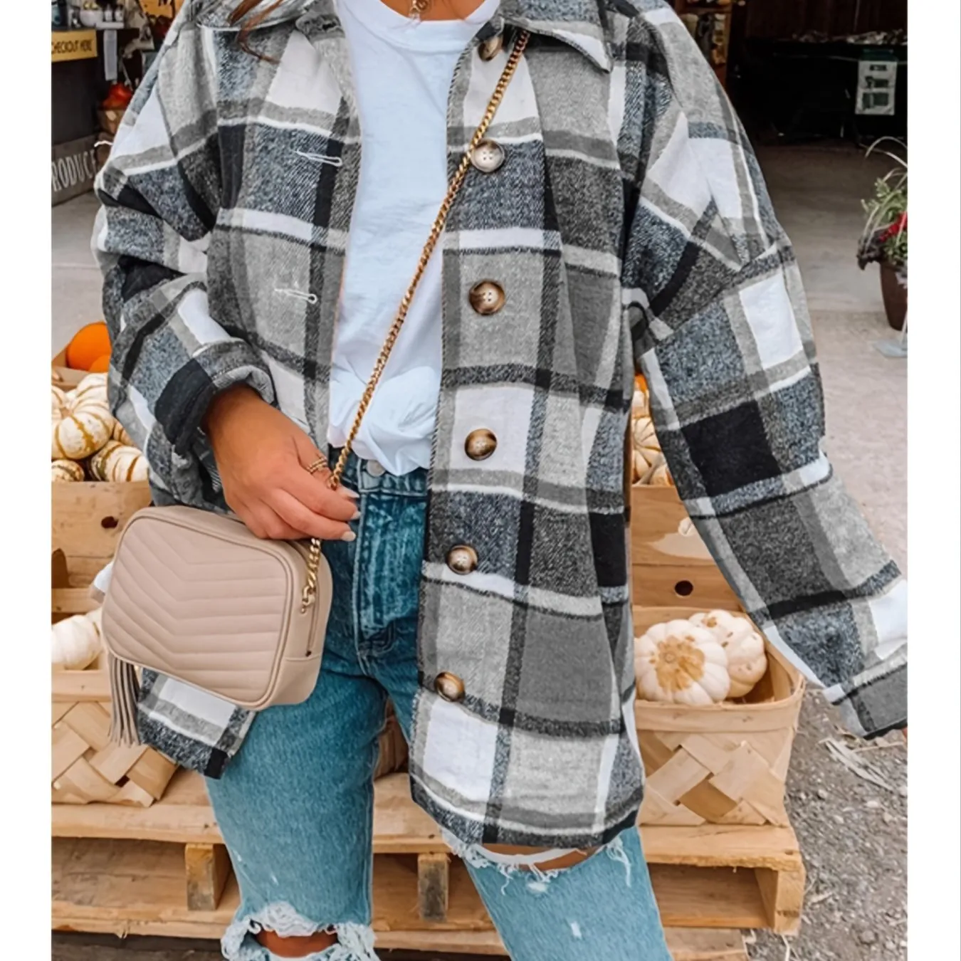 Drop Shoulder Plaid Shirt Loose Long Sleeve Casual Plaid Jacket