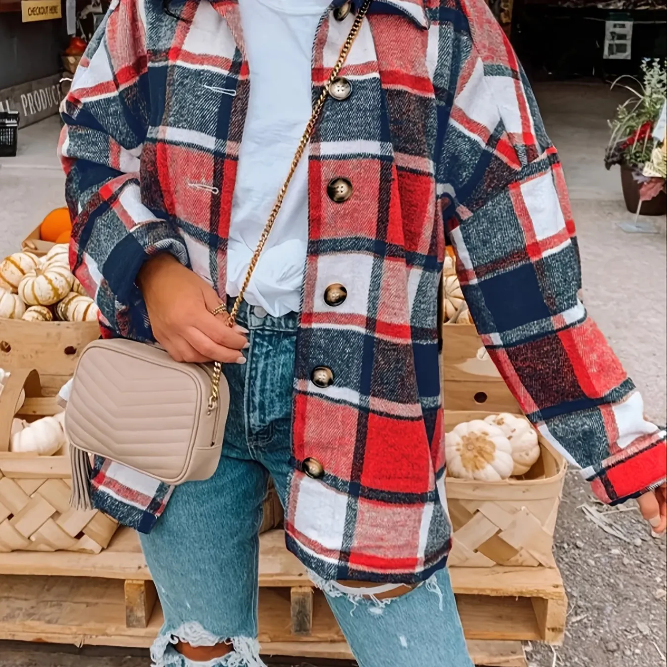 Drop Shoulder Plaid Shirt Loose Long Sleeve Casual Plaid Jacket