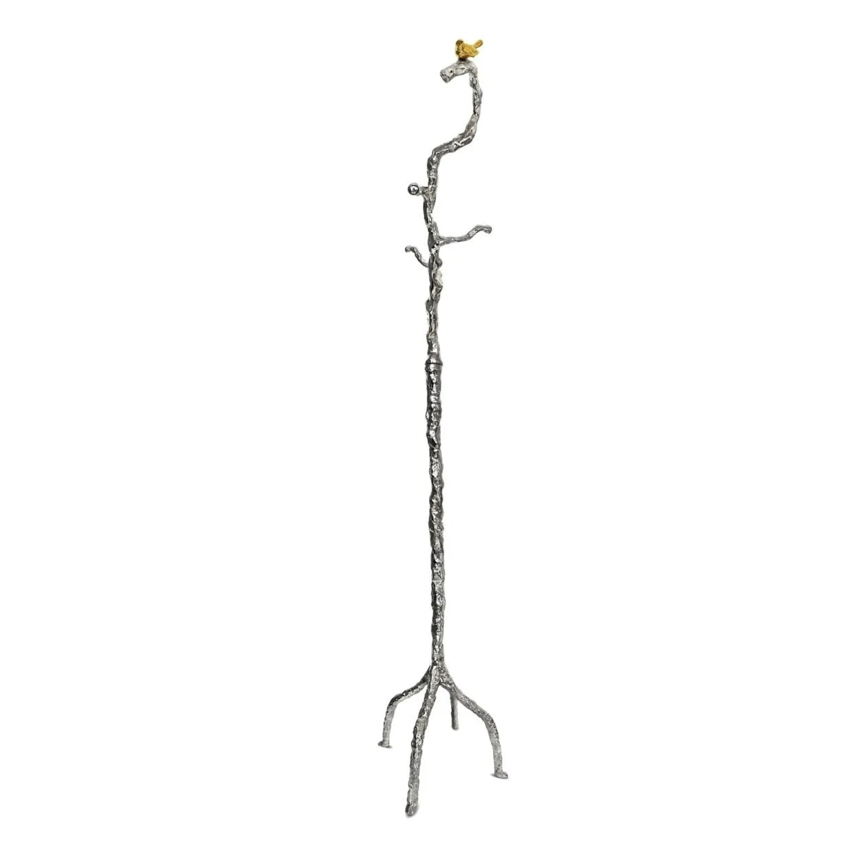 everyday 71 Inch Modern Aluminum Coat Stand, Branch Accent, Perched Bird, Silver-