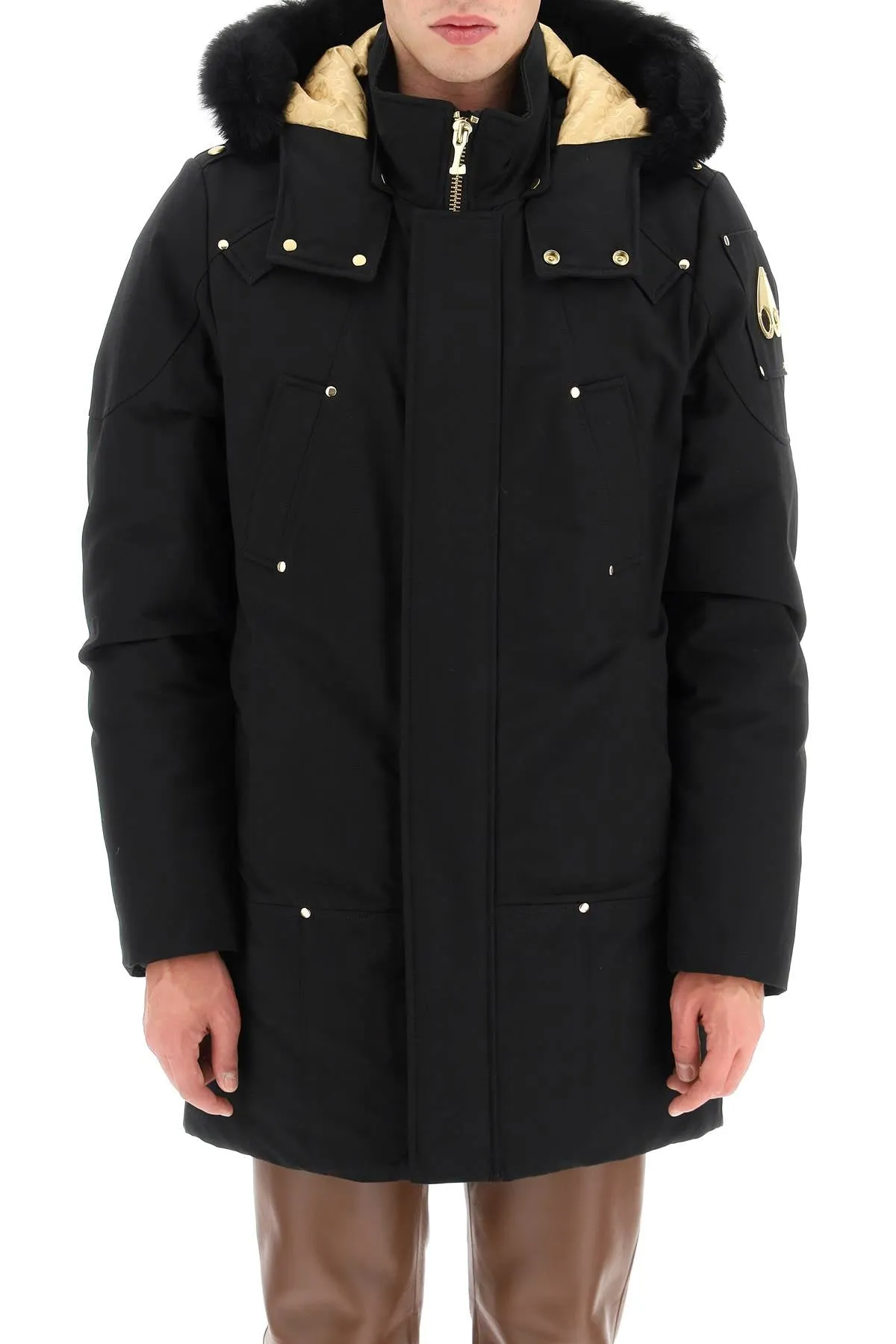 gold stirling neoshear parka with shearling trimming