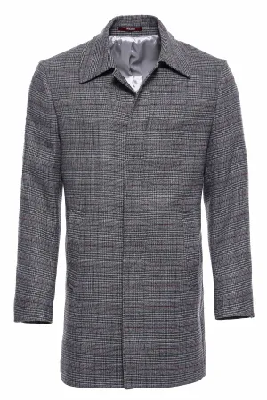 Grey Checked Hidden Button Peak Lapel Coat - Wessi