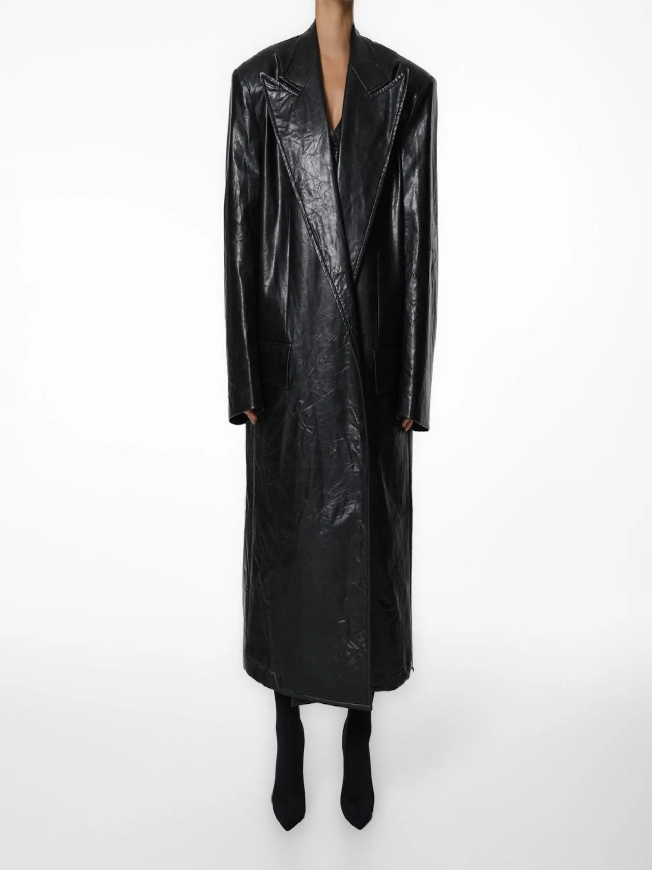 LUXE PEAKED LAPEL VEGAN WASHED LEATHER COAT