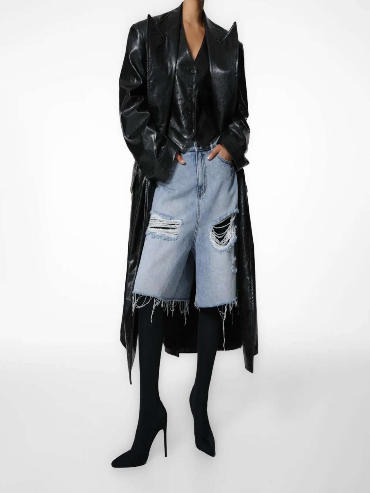 LUXE PEAKED LAPEL VEGAN WASHED LEATHER COAT