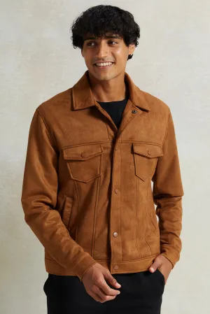 Men Brown Suede Trucker Jacket