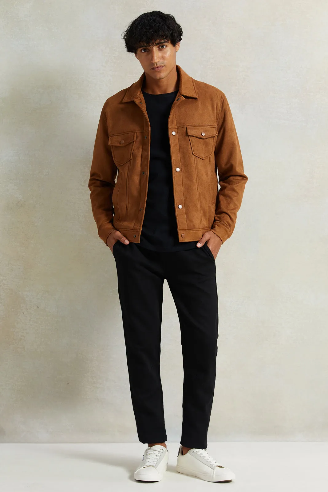 Men Brown Suede Trucker Jacket