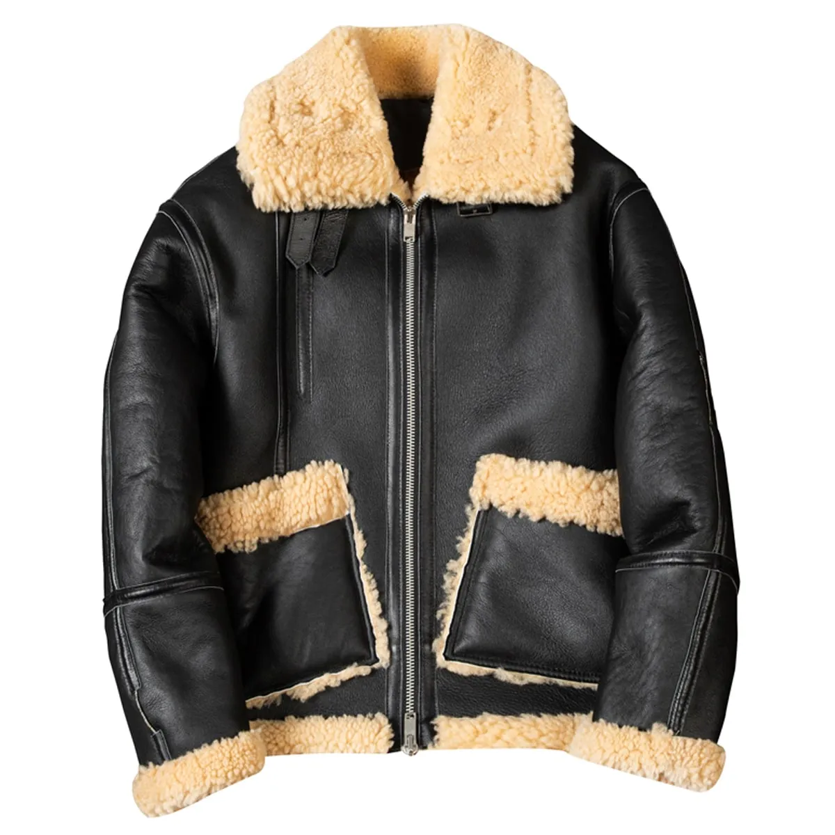 Men’s Black B3 Bomber Aviator Genuine Sheepskin Sherpa Shearling Faux Fur Turn-Down Collar Winter Warm Pilot Uniform Leather Jacket