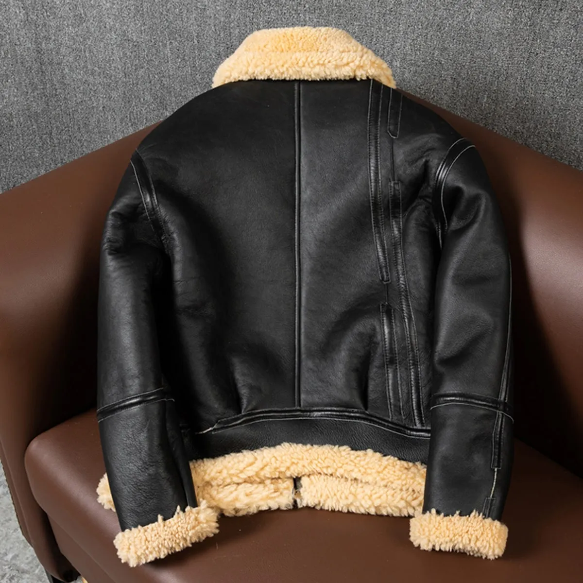 Men’s Black B3 Bomber Aviator Genuine Sheepskin Sherpa Shearling Faux Fur Turn-Down Collar Winter Warm Pilot Uniform Leather Jacket