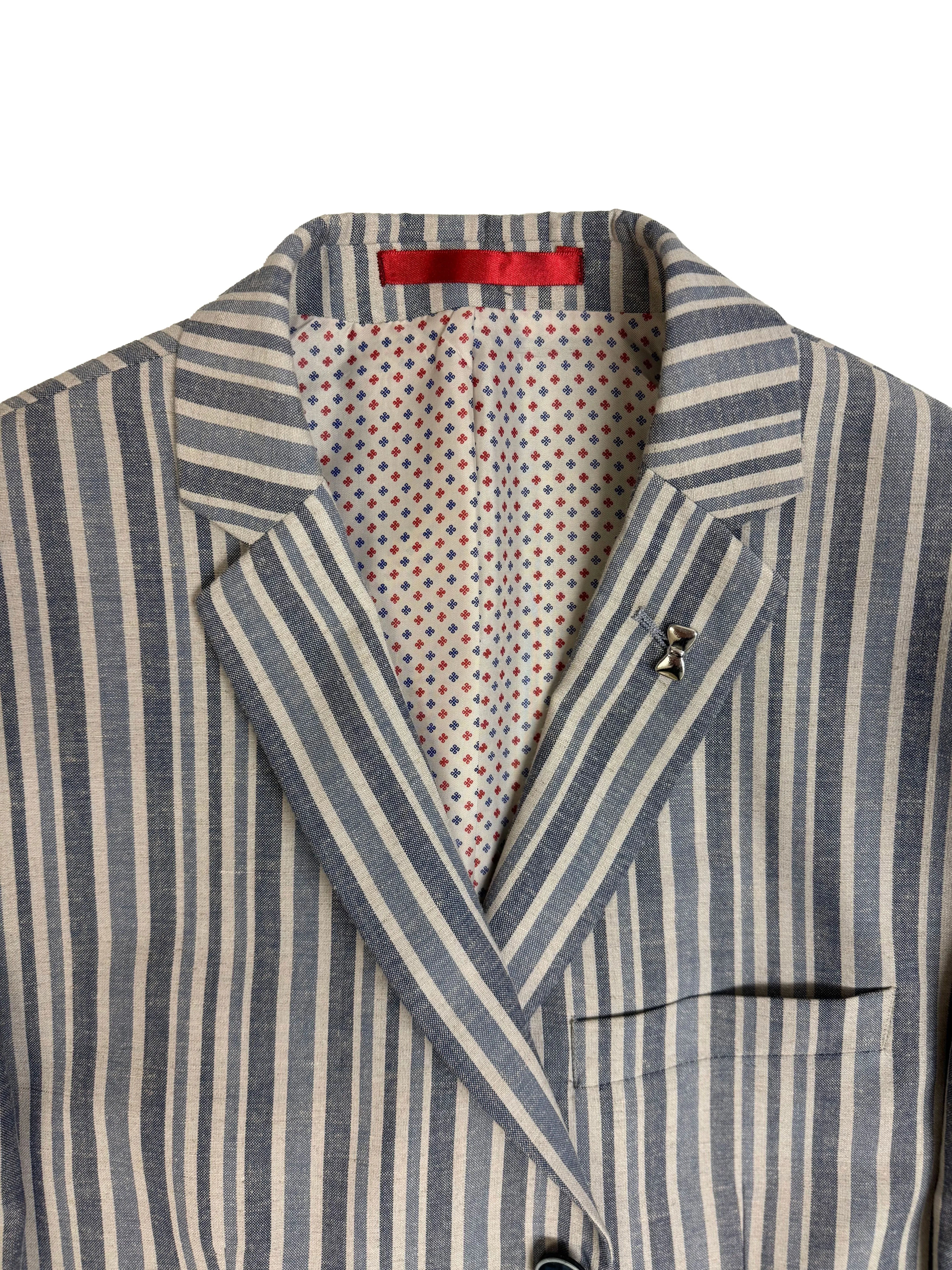 Mens Blue Linen Boating Jacket Striped Blazer 3 Button