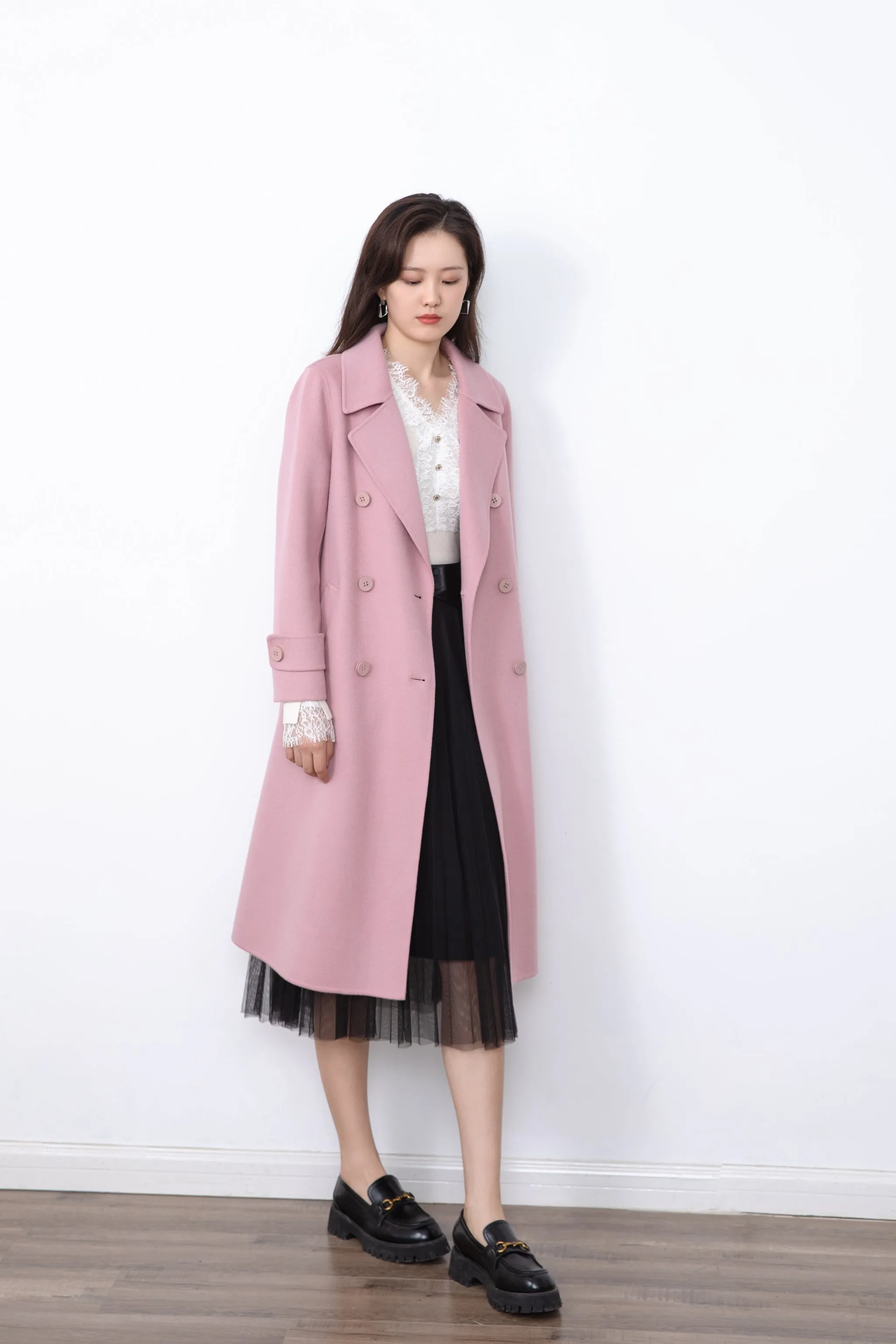 Mist Pink Wool Long Overcoats