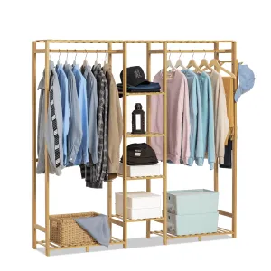 modern Bamboo 6 Tiers Coat Pants Rack, Modern Closet Storage Wardrobe, Hat Hooks, Brown, for Bedroom