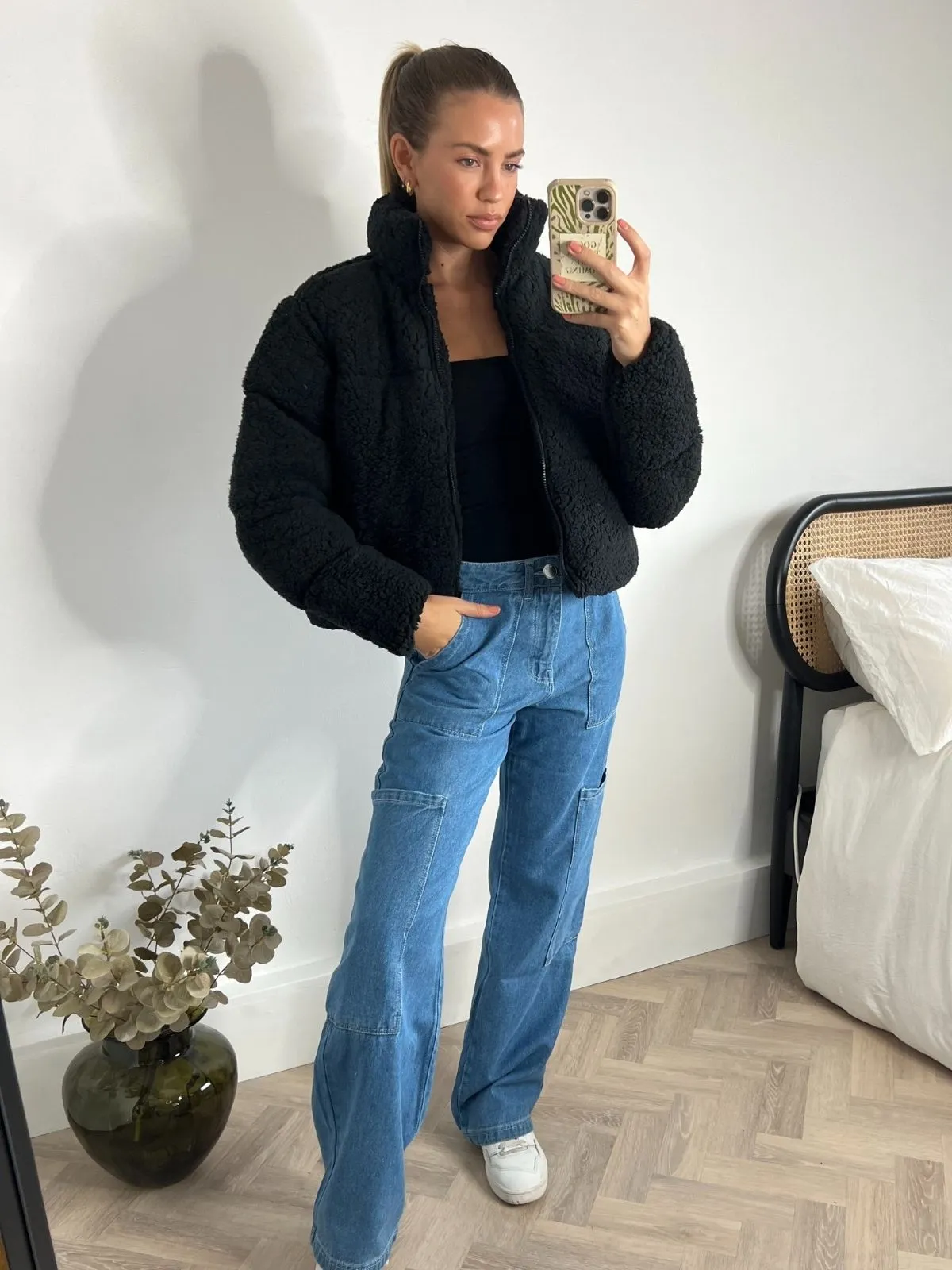 Oversized Teddy Cropped Puffer Jacket / Black