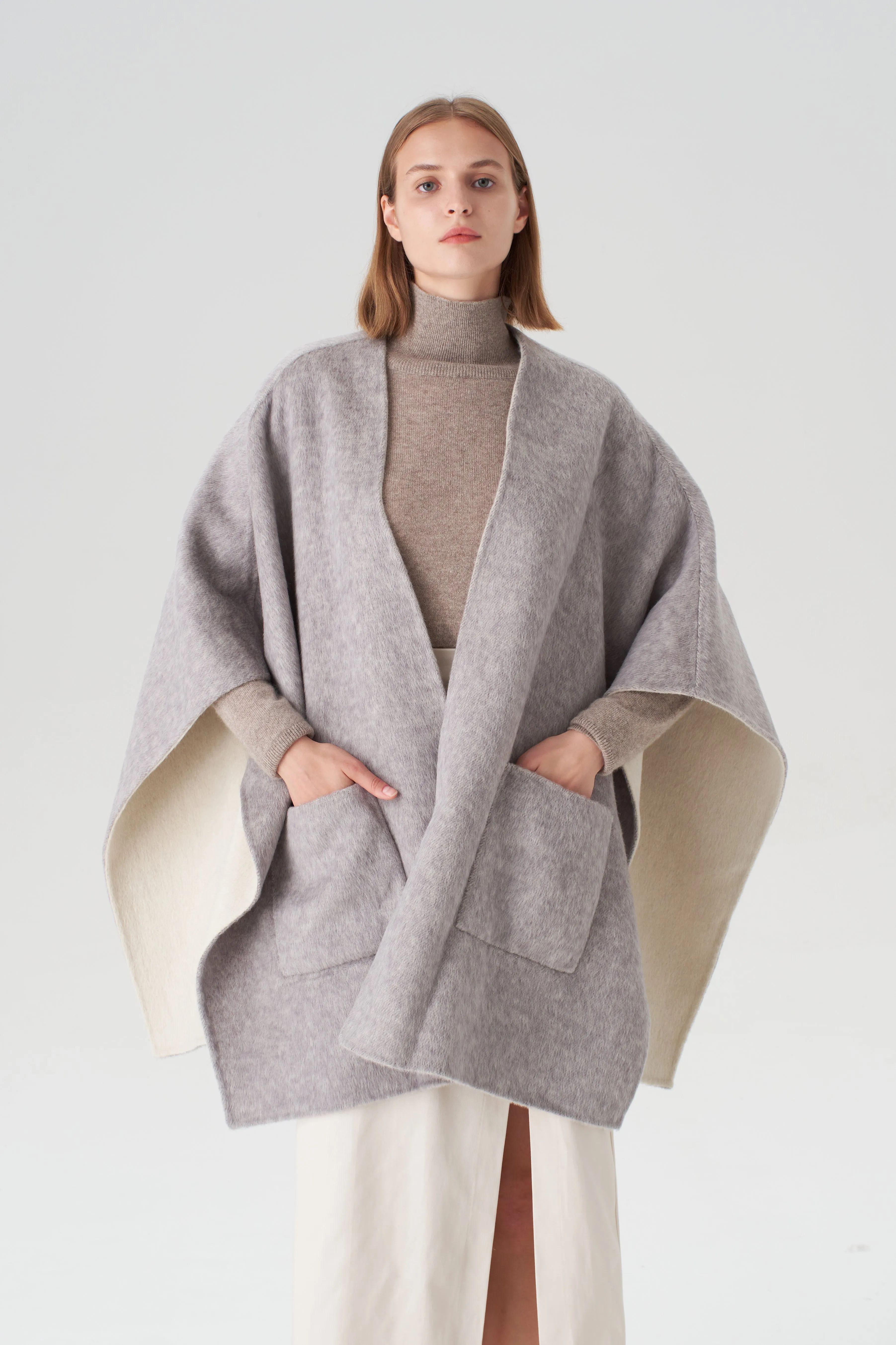 Reversible Cashmere  Silk Cape - Grey/Beige