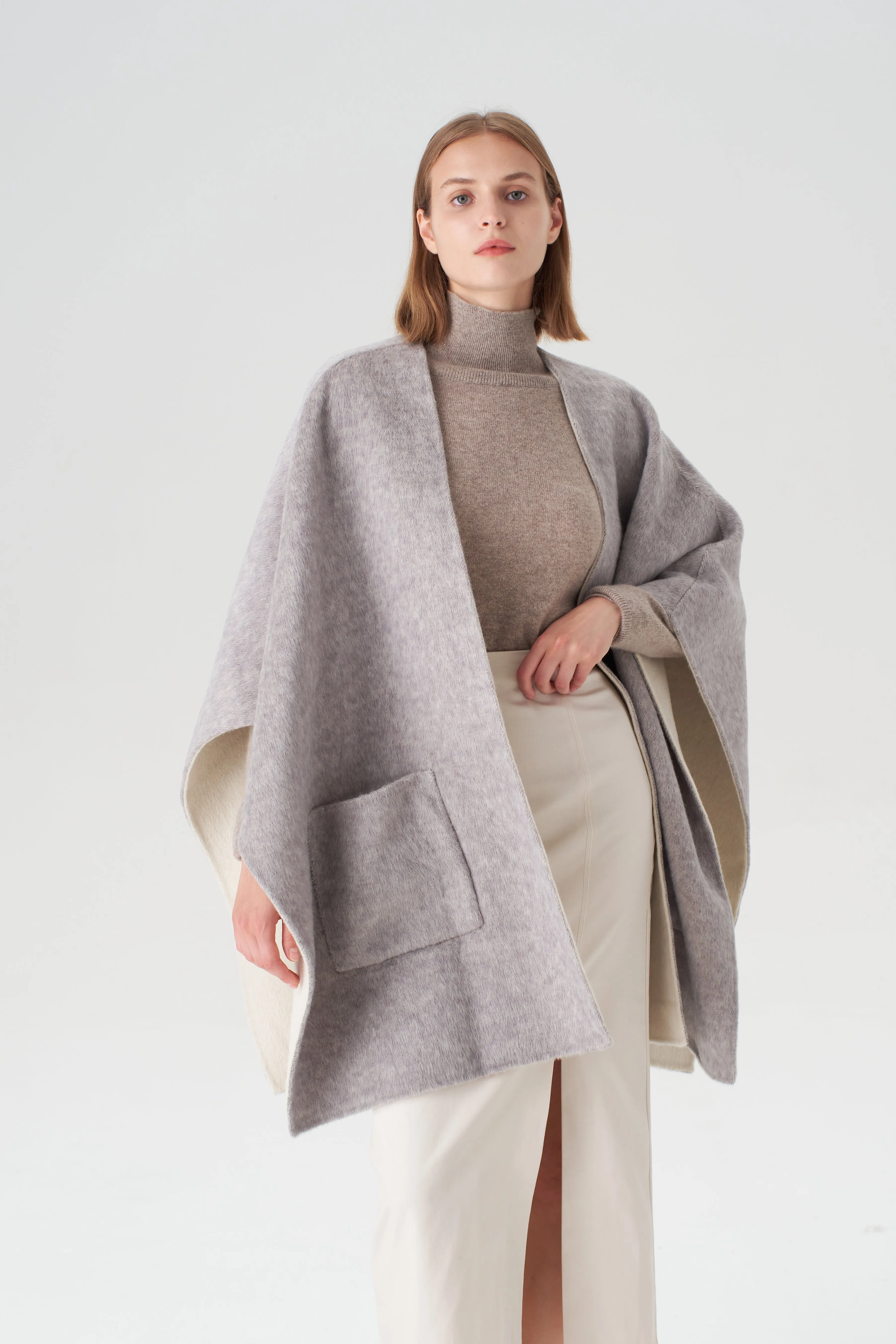 Reversible Cashmere  Silk Cape - Grey/Beige