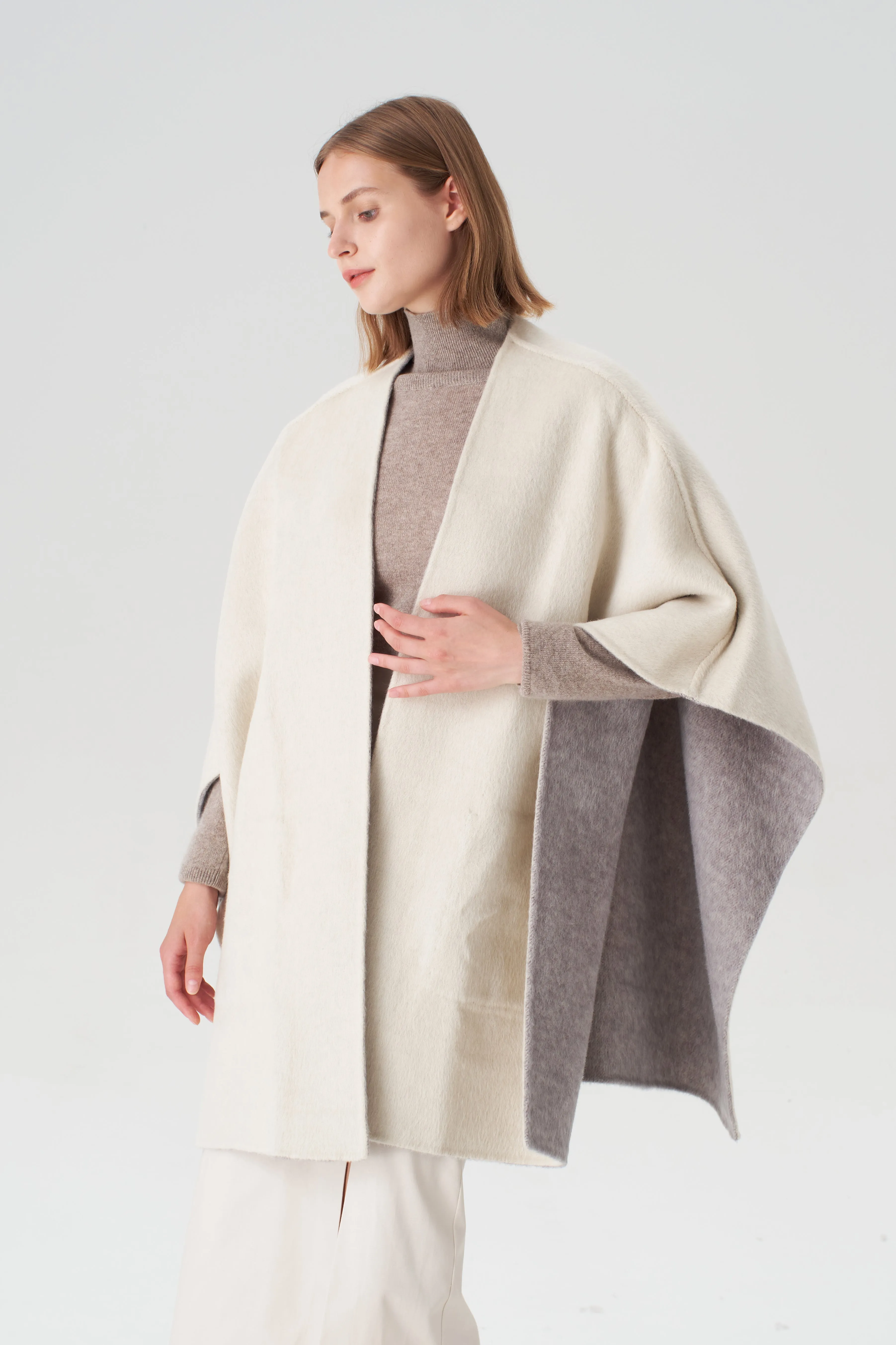 Reversible Cashmere  Silk Cape - Grey/Beige