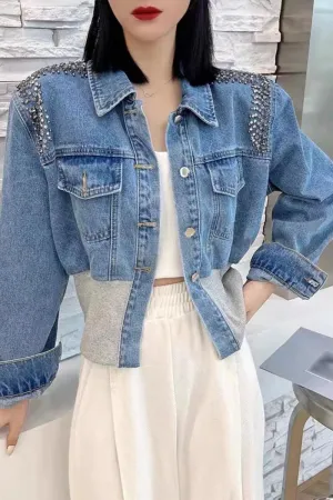 RHINESTONES CONTRAST DENIM JACKET