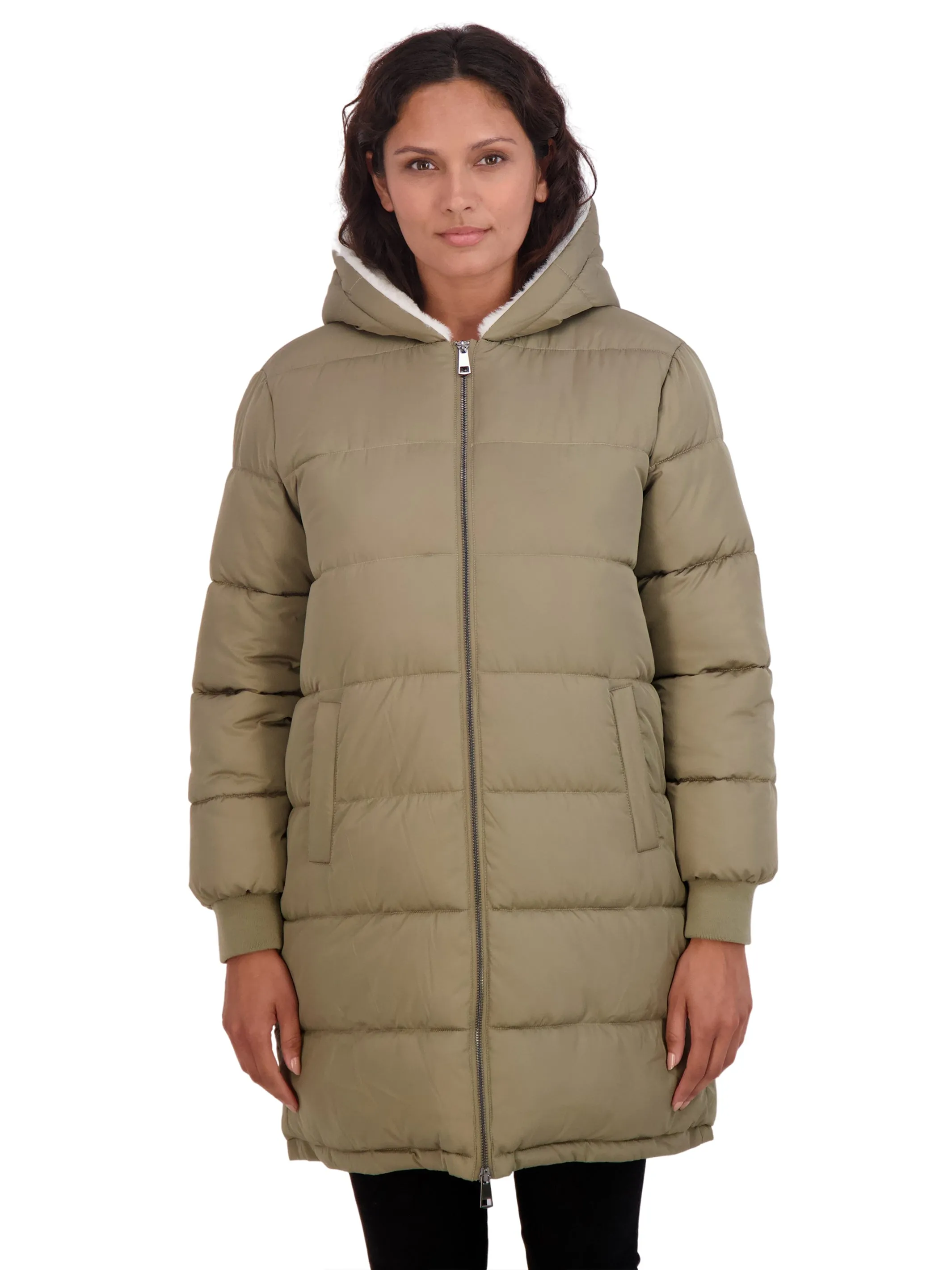 Sebby Collection Women's Long Faux Fur Lined Puffer Jacket with Hood