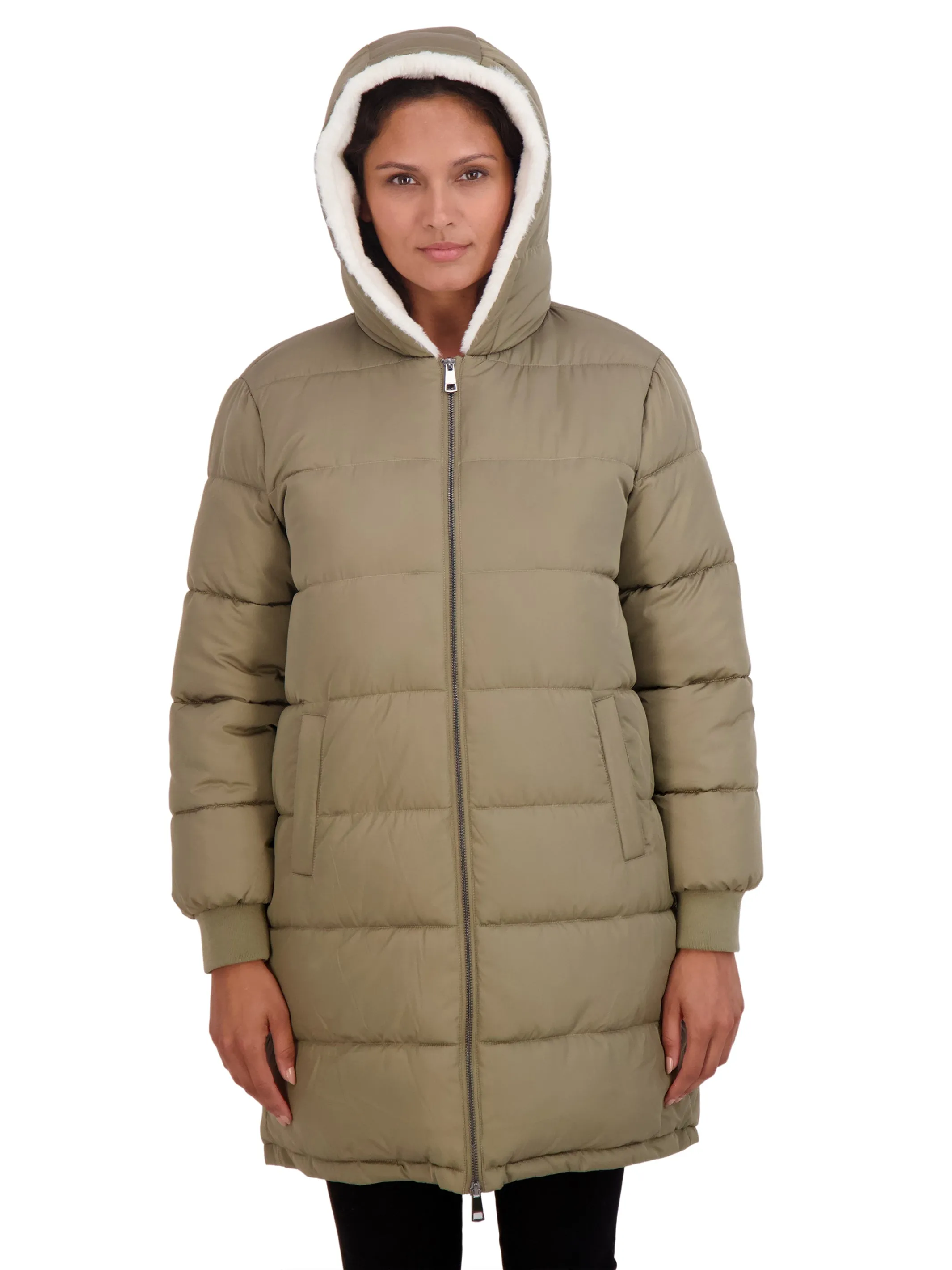 Sebby Collection Women's Long Faux Fur Lined Puffer Jacket with Hood