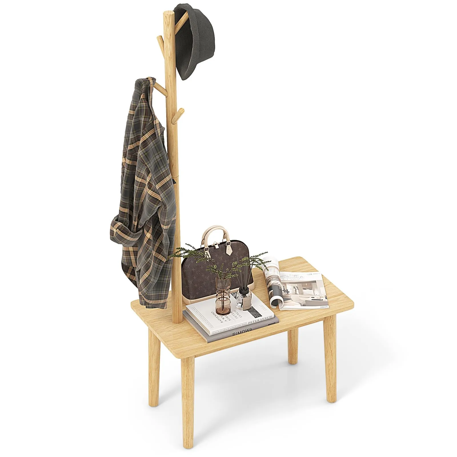 Tangkula Coat Rack with End Table, Solid Wood Coat Tree with 2-in-1 Side Table & 3 Hooks for Hats, Bags & Coats