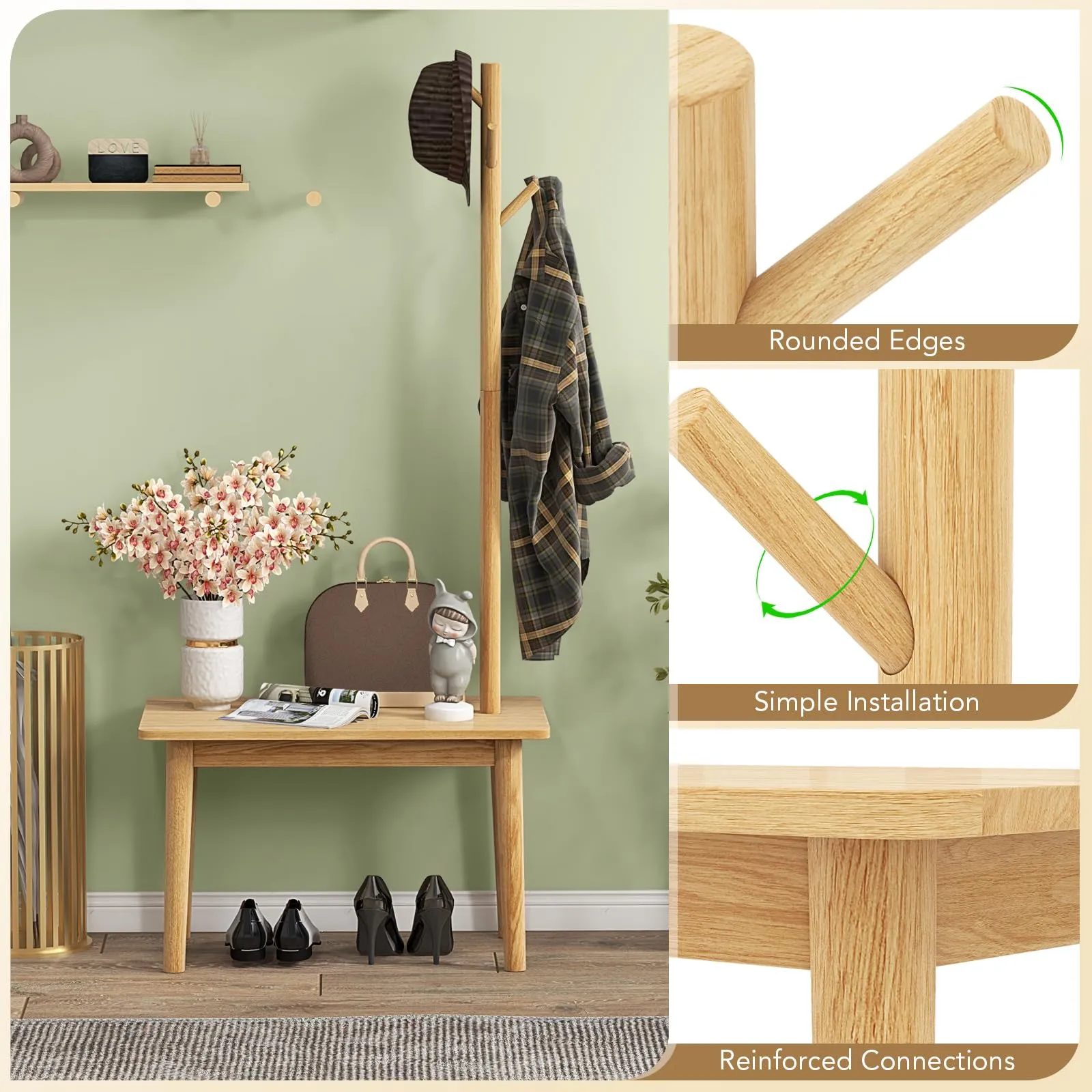 Tangkula Coat Rack with End Table, Solid Wood Coat Tree with 2-in-1 Side Table & 3 Hooks for Hats, Bags & Coats