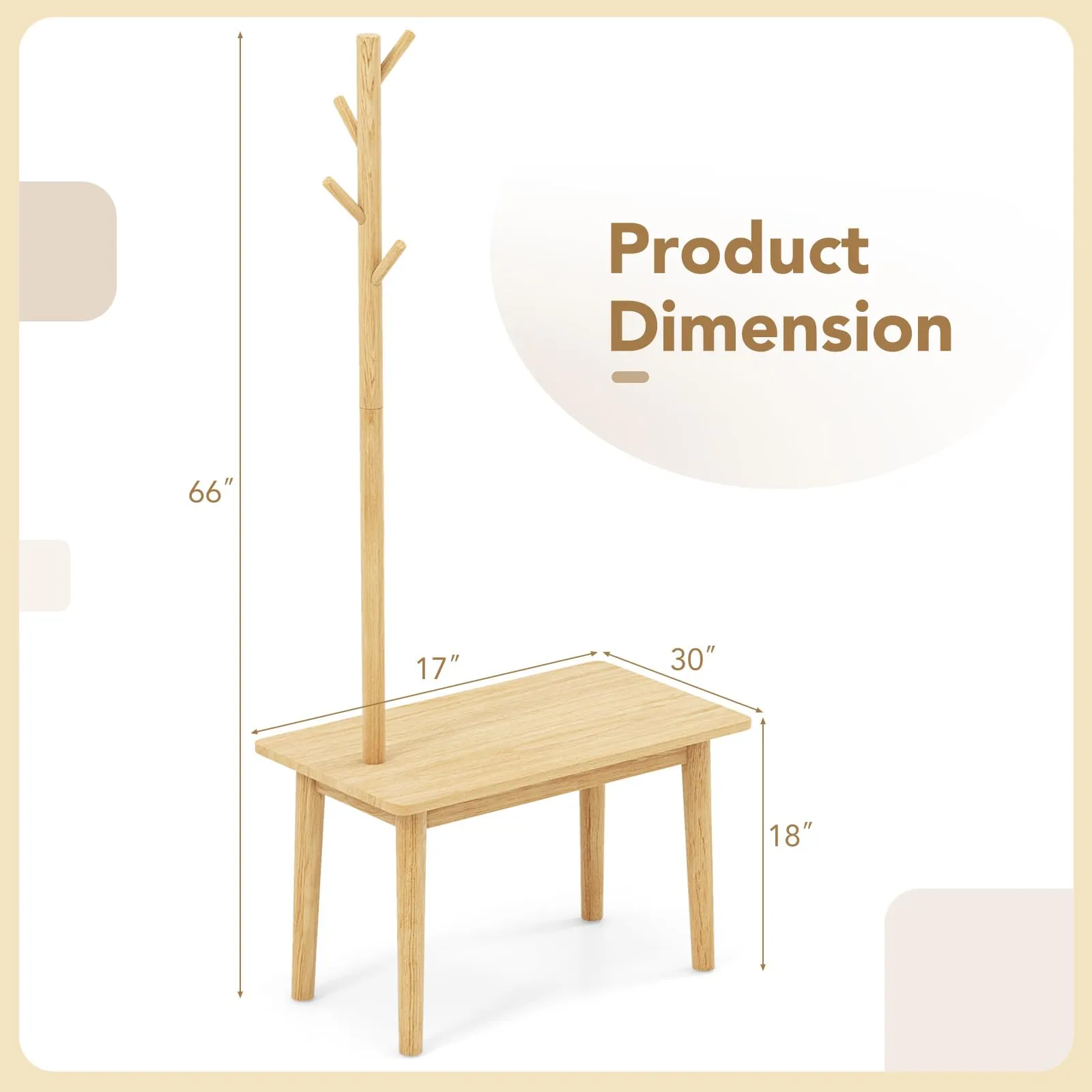 Tangkula Coat Rack with End Table, Solid Wood Coat Tree with 2-in-1 Side Table & 3 Hooks for Hats, Bags & Coats