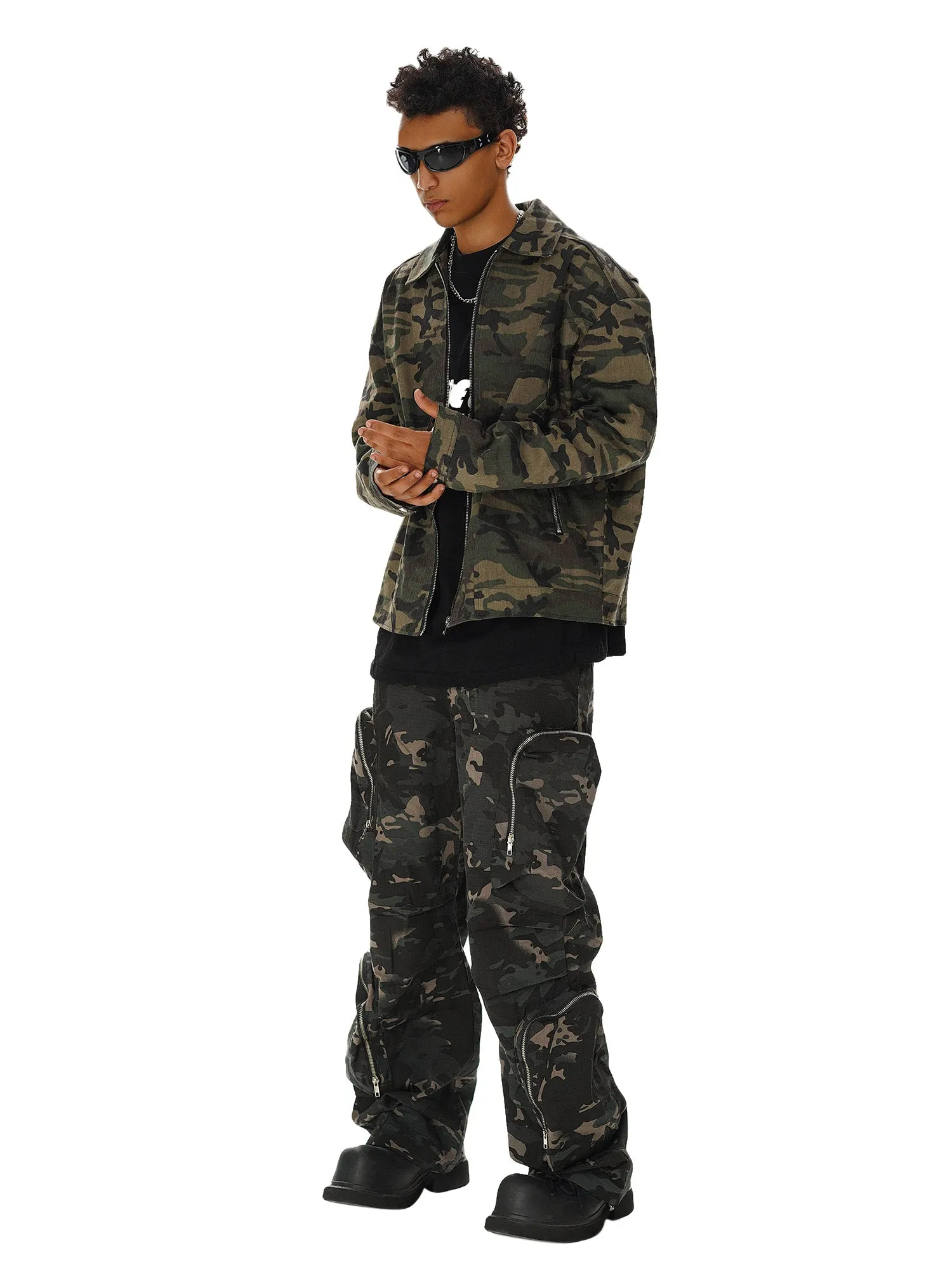 Thesupermade Hip-hop Shoulder Pad Camouflage Washed Jacket