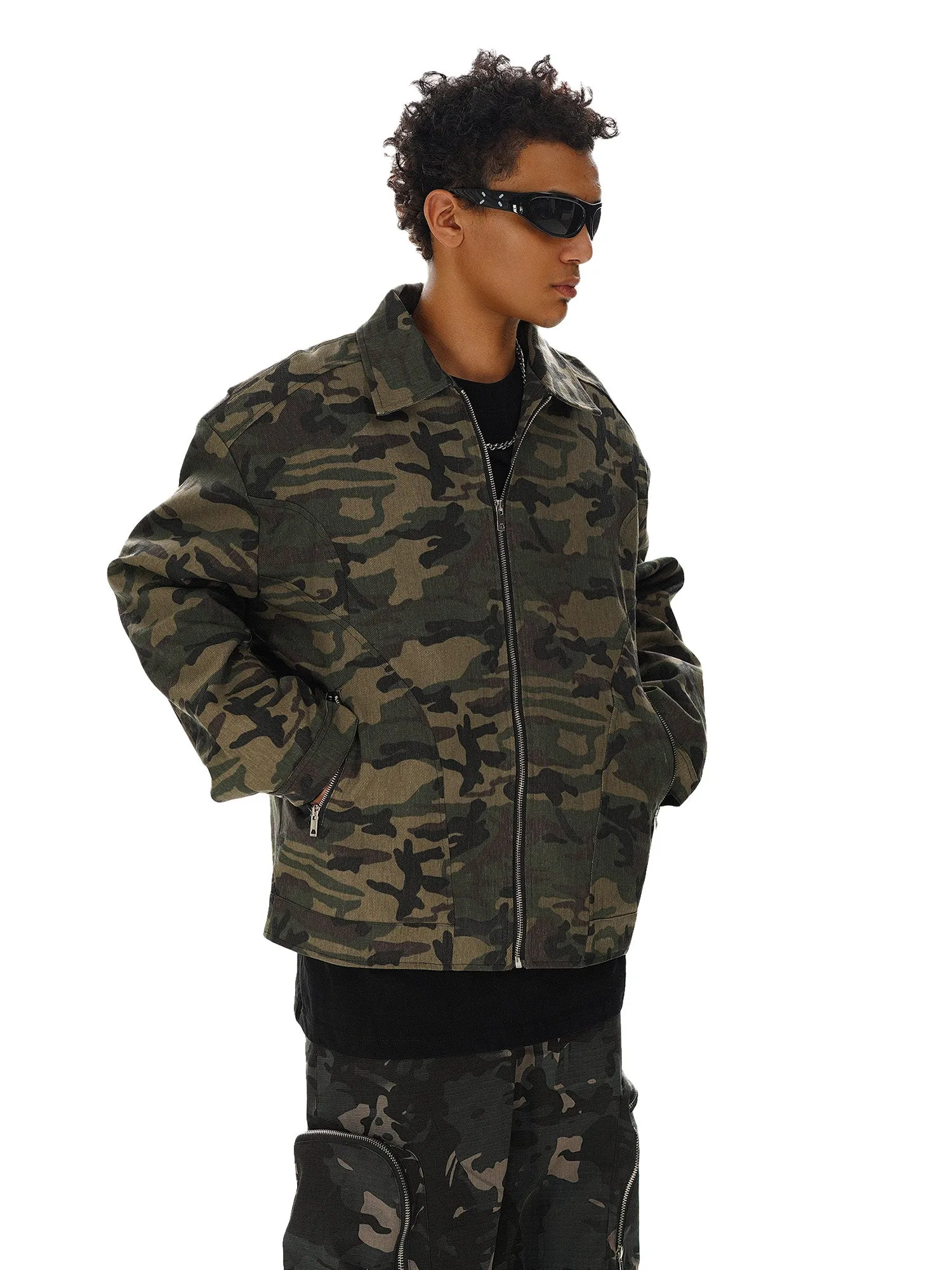 Thesupermade Hip-hop Shoulder Pad Camouflage Washed Jacket