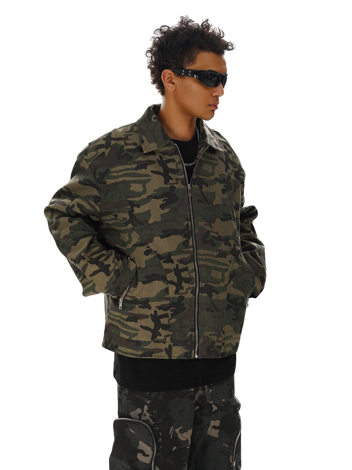 Thesupermade Hip-hop Shoulder Pad Camouflage Washed Jacket