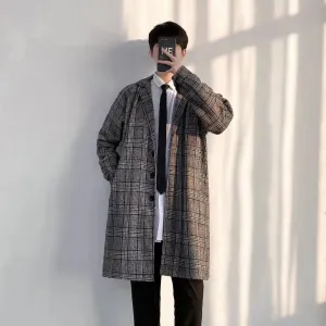 WIAOFELLAS  -  Men's Coat Korean Long Plaid Woolen Overcoat Fashion Casual Single-breasted Long Jackets luxury Winter Clothes for Men