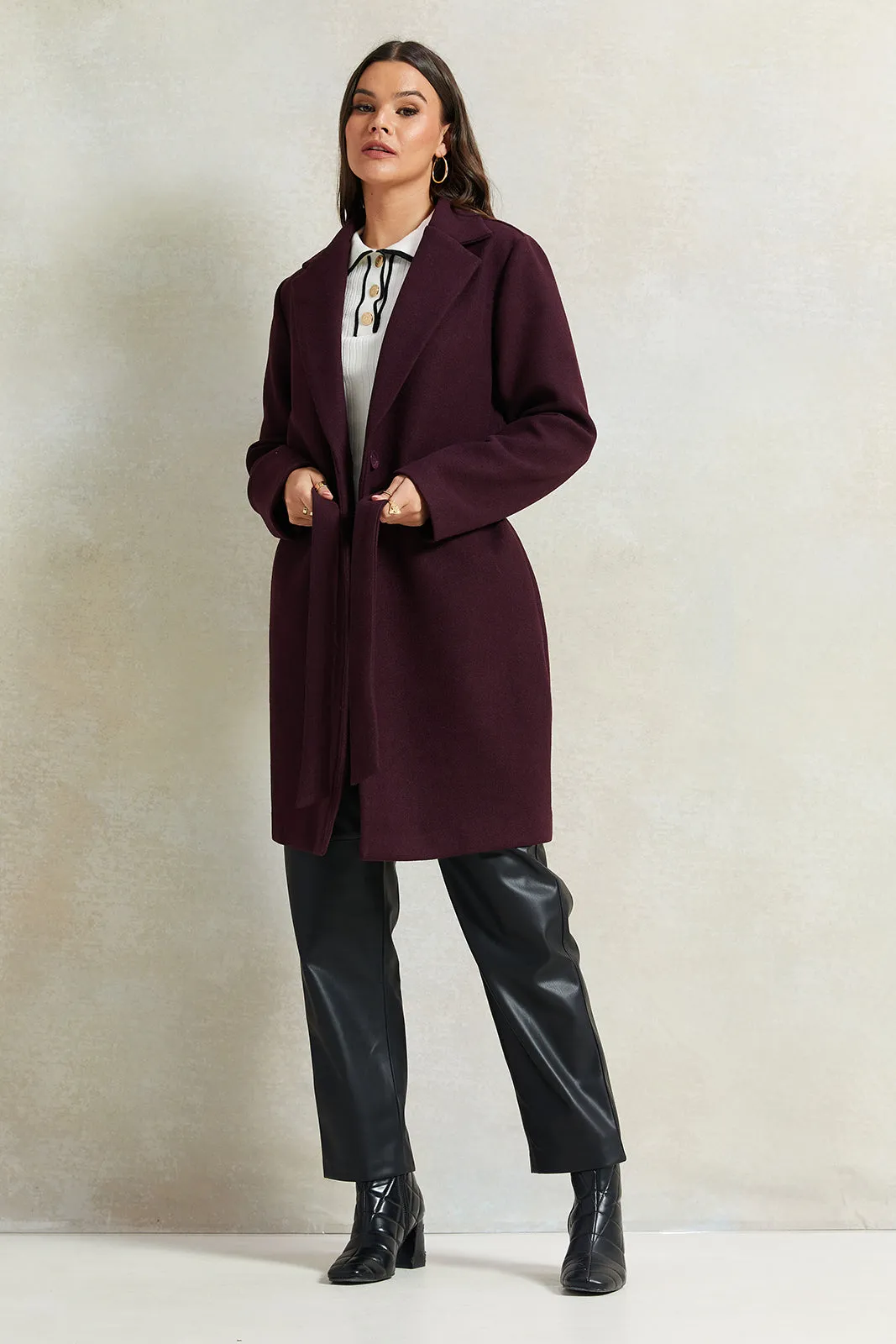 Women Burgundy Long Melton Jacket